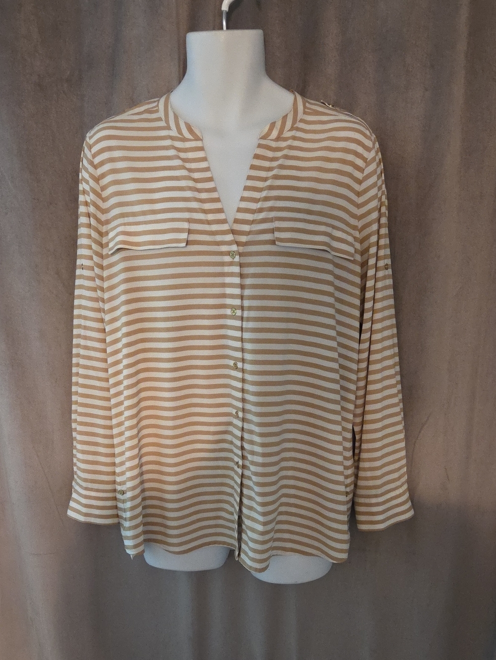 Calvin Klein Cream and Tan Striped Button-Down Shirt